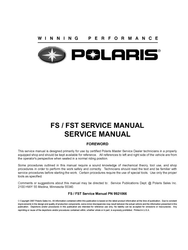 2006-2008 Polaris Four Stroke FS FST Snowmobiles Service Repair Manual PDF Download Sledmanuals