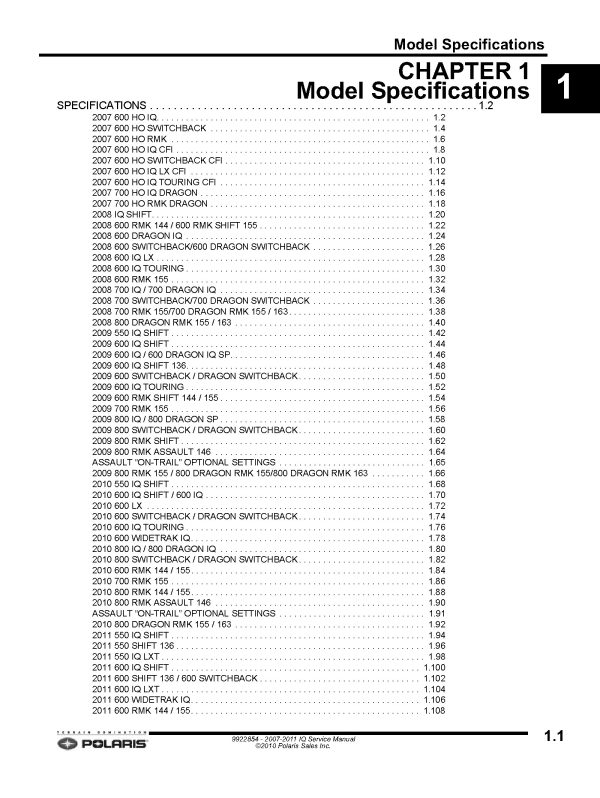 2007-2011 Polaris 550 600 700 800 IQ Chassis Snowmobiles Service Repair Manual PDF Download Sledmanuals