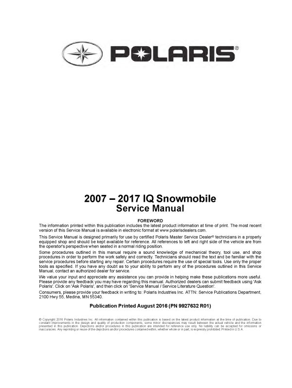 2007-2017 Polaris 550 600 700 800 IQ Chassis Snowmobiles Service Repair Manual PDF Download Sledmanuals