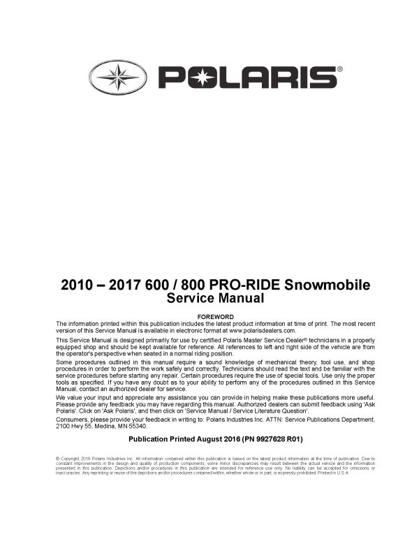 2010-2017 Polaris 600 800 Pro-Ride Snowmobiles Service Repair Manual