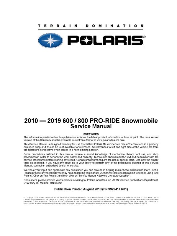 2010-2019 Polaris 600 800 Pro-Ride Snowmobiles Service Repair Manual