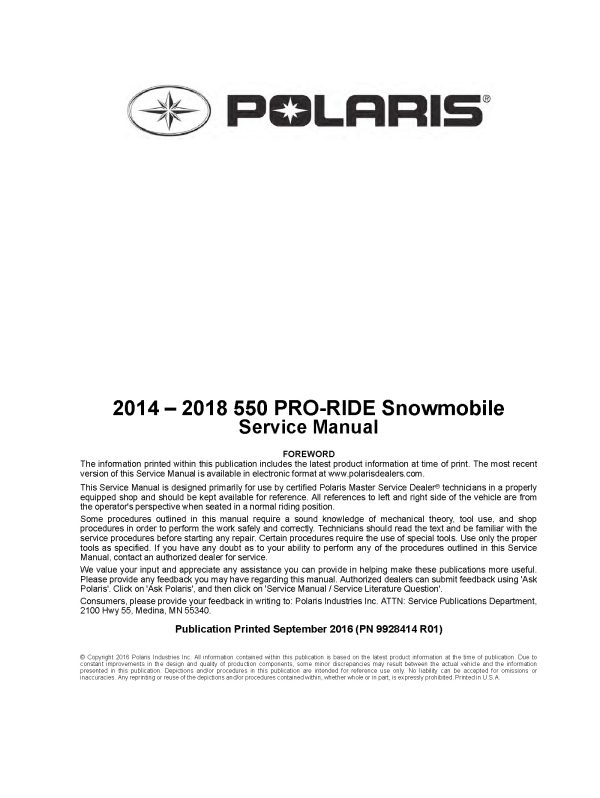 2014-2018 Polaris 550 Pro-Ride Snowmobiles Repair Service Manual PDF Download SledManuals