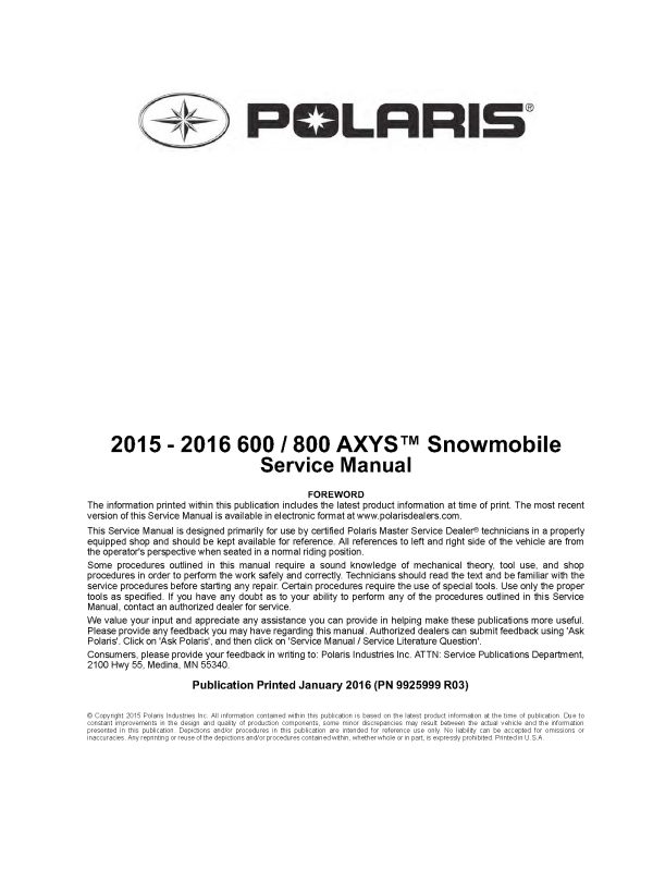 2015-2016 Polaris 600 800 AXYS Snowmobiles Service Repair Manual PDF Download Sledmanuals