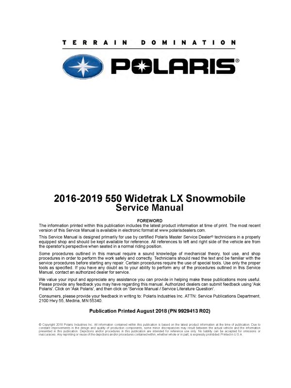 2016-2019 Polaris 550 Widetrak LX Snowmobile Repair Service Manual PDF Download Sledmanuals