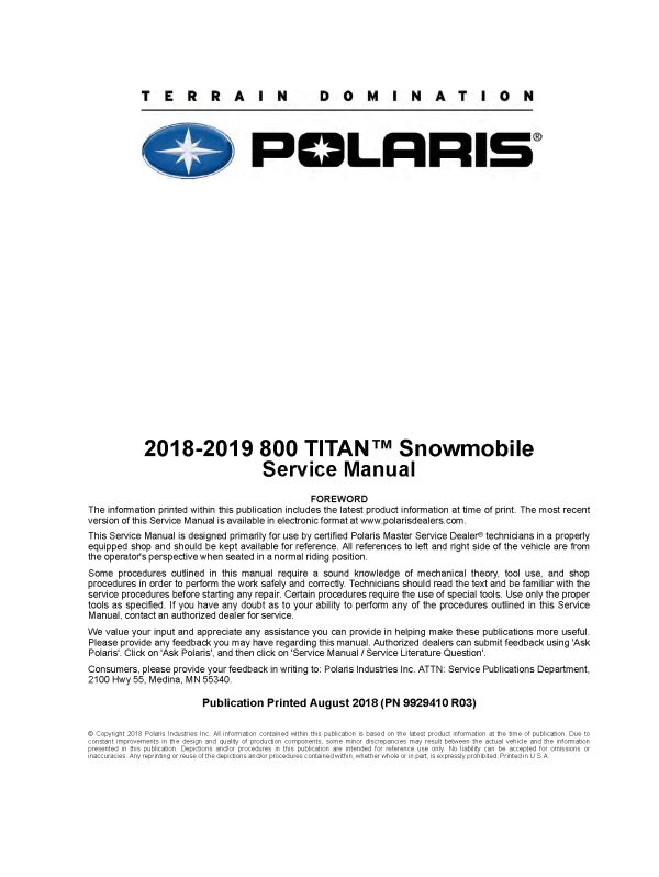 2018-2019 Polaris 800 Titan Snowmobiles Repair Service Manual PDF Download Sledmanuals