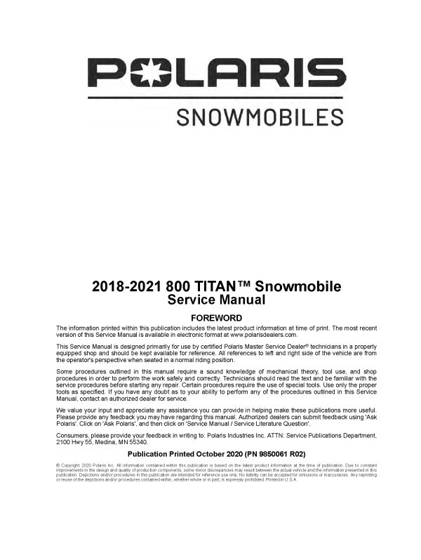 2018-2021 Polaris 800 Titan Snowmobiles Repair Service Manual PDF Download Sledmanuals