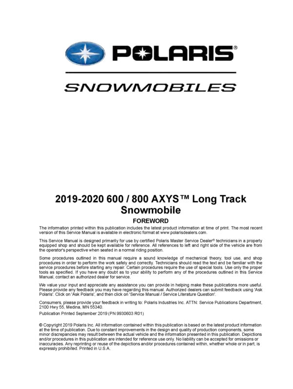 2019-2020 Polaris 600 800 AXYS Long Track Snowmobiles Service Repair Manual PDF Download Sledmanuals