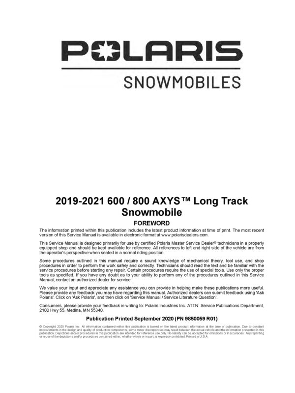 2019-2021 Polaris 600 800 AXYS Long Track Snowmobiles Service Repair Manual PDF Download Sledmanuals