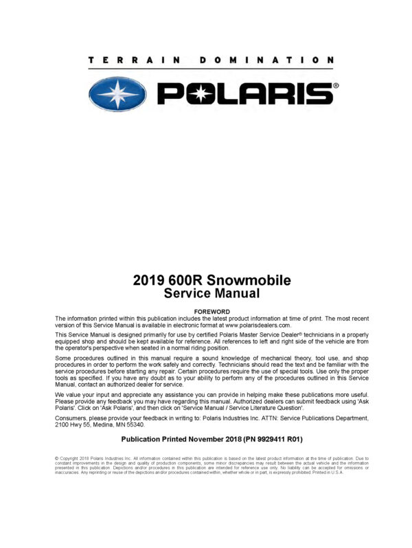 2019 Polaris 600R Snowmobiles Repair Service Manual PDF Download Sledmanuals.com