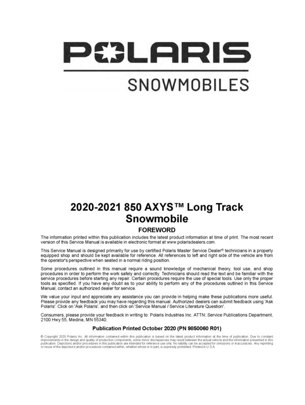 2020-2021 Polaris 850 AXYS Long Track Snowmobiles Repair Service Manual PDF Download SledManuals