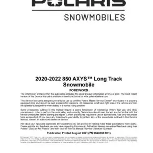 2020-2022 Polaris 850 AXYS Pro RMK Khaos SKS Long Track Snowmobiles Repair Service Manual PDF Download SledManuals.com