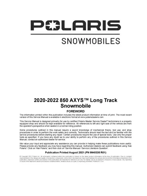 2020-2022 Polaris 850 AXYS Pro RMK Khaos SKS Long Track Snowmobiles Repair Service Manual PDF Download SledManuals.com