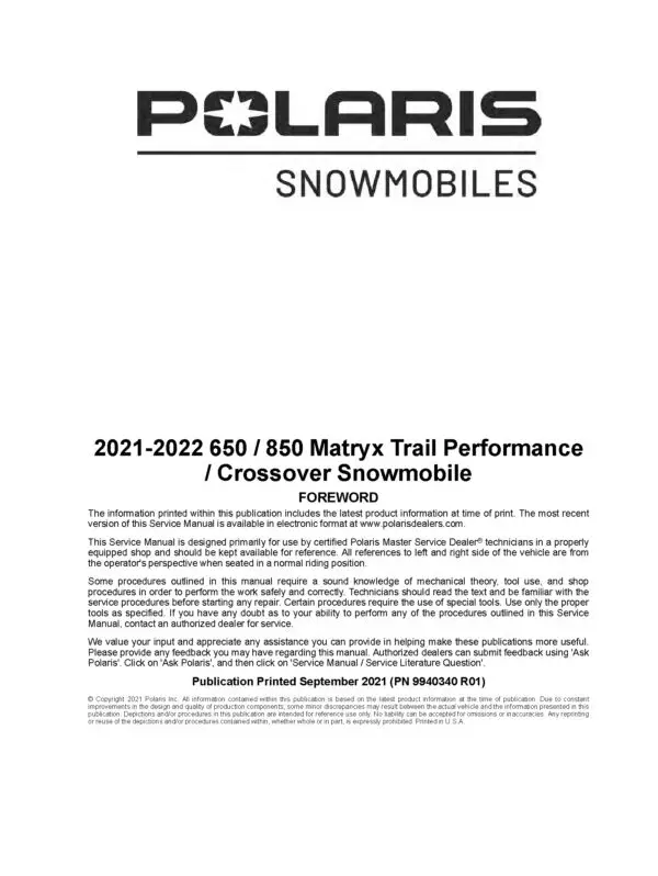 2021-2022 Polaris 650 850 Matryx Trail Performance Crossover Indy XC XCR VR1 Adventure Switchback SP Assault Voyageur Nordic Pro SKS Snowmobiles Repair Service Manual PDF Download Sledmanuals.com