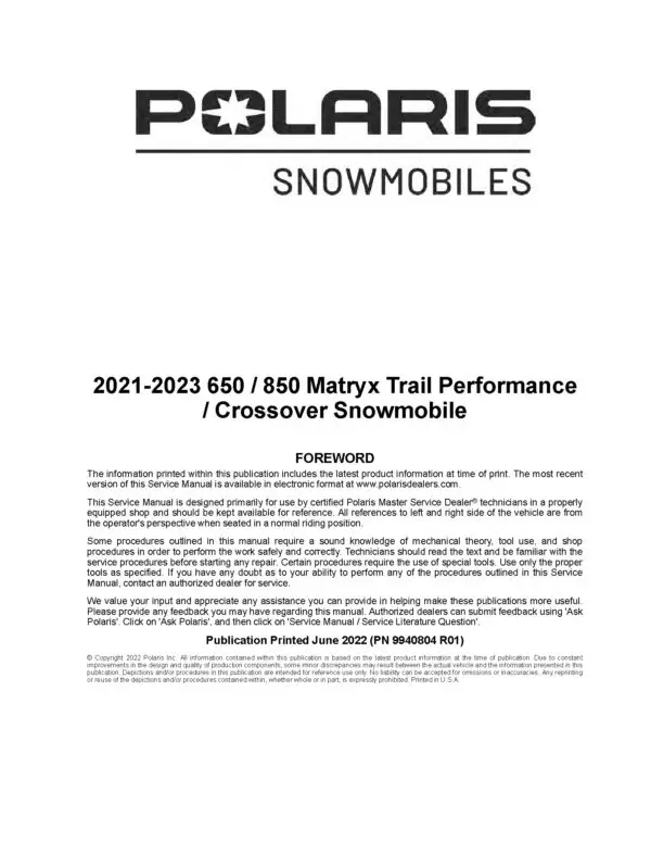 2021-2023 Polaris 650 850 Matryx Trail Performance Crossover Indy XC XCR VR1 Adventure Switchback SP Assault Voyageur Nordic Pro SKS Snowmobiles Repair Service Manual PDF Download Sledmanuals.com