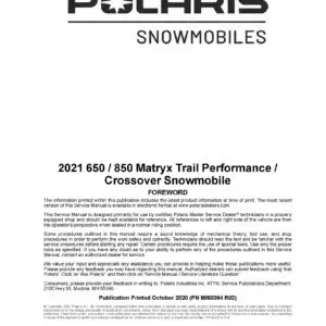 2021 Polaris 650 850 Matryx Trail Performance Crossover Indy XC XCR VR1 Adventure Switchback SP Assault Voyageur Nordic Pro SKS Snowmobiles Repair Service Manual PDF Download Sledmanuals.com