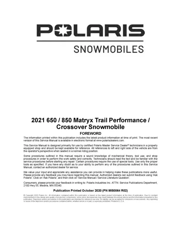 2021 Polaris 650 850 Matryx Trail Performance Crossover Indy XC XCR VR1 Adventure Switchback SP Assault Voyageur Nordic Pro SKS Snowmobiles Repair Service Manual PDF Download Sledmanuals.com