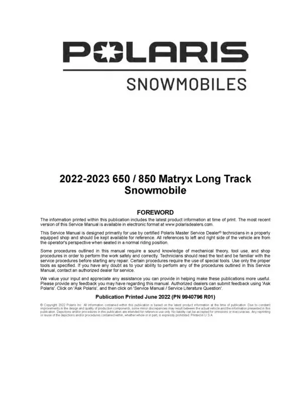 2022-2023 Polaris 650 850 Matryx Long Track Pro RMK Khaos Maytrx Snowmobiles Repair Service Manual PDF Download Sledmanials.com