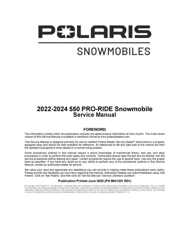 2022-2024 Polaris 550 Pro-Ride Indy LXT North Star Voyageur EVO ES Switchback Adventure RMK Snowmobiles Repair Service Manual PDF Download SledManuals.com