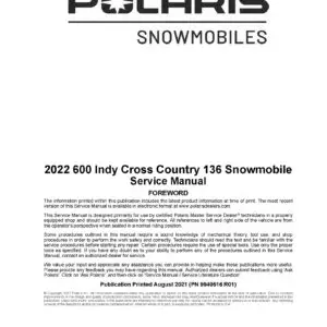 2022 Polaris 600 Indy Cross Country 136 Snowmobiles Repair Service Manual PDF Download Sledmanuals.com