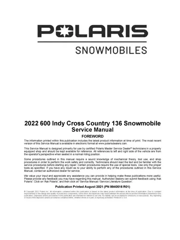 2022 Polaris 600 Indy Cross Country 136 Snowmobiles Repair Service Manual PDF Download Sledmanuals.com