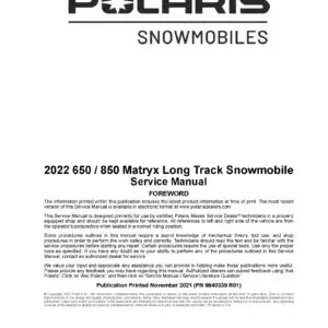 2022 Polaris 650 850 Matryx Pro RMK Khaos Slash Long Track Snowmobiles Repair Service Manual PDF Download Sledmanuals.com