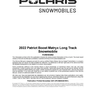 2022 Polaris Patriot Boost Matryx Pro RMK Khaos Slash Long Track Snowmobiles Repair Service Manual PDF Download SledManuals.com