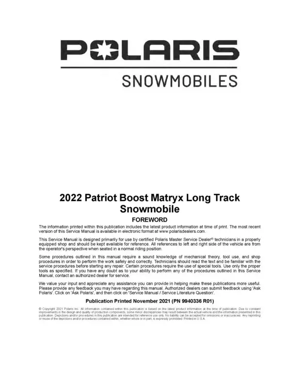 2022 Polaris Patriot Boost Matryx Pro RMK Khaos Slash Long Track Snowmobiles Repair Service Manual PDF Download SledManuals.com