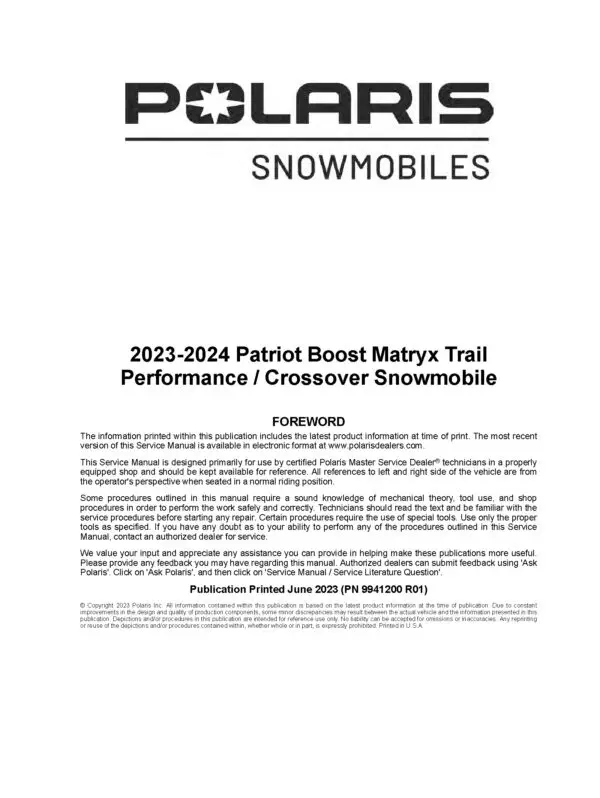 2023-2024 Patriot Boost Matryx Trail Performance Cross-Over VR1 Switchback Assault 129" 137" 146" Snowmobiles Service Repair Manual PDF Download Sledmanuals.com