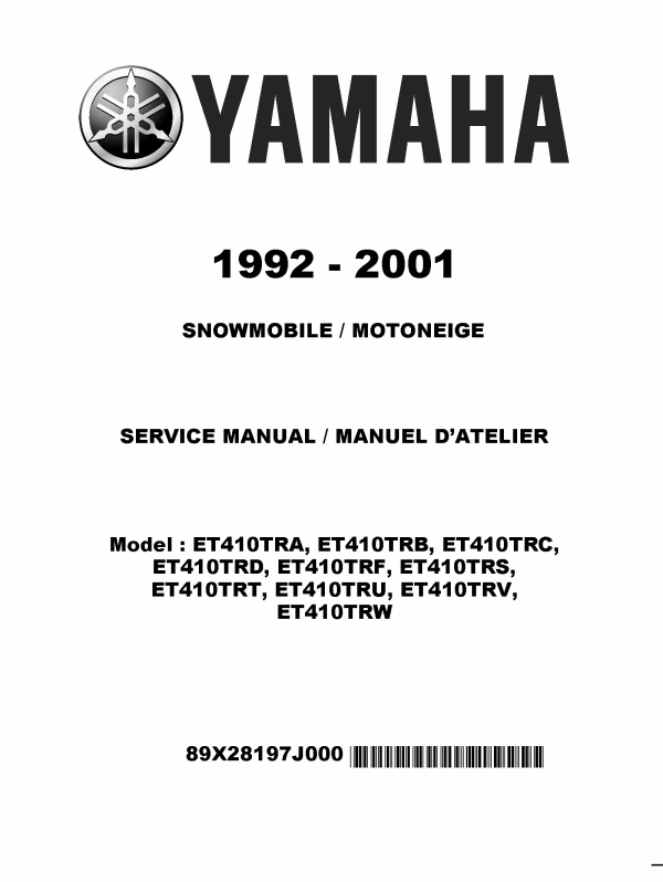 1992-2001 Yamaha ET410 Enticer Snowmobiles Repair Service Manual
