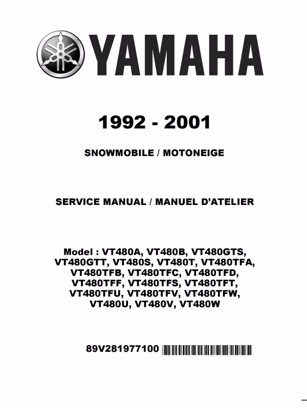 1992-2001 Yamaha VT480 Venture Snowmobiles Repair Service Manual