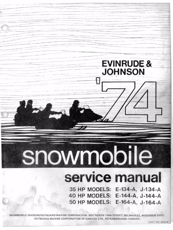 1974 Evinrude & Johnson 35HP 40HP 50HP Snowmobiles Repair Service Manual