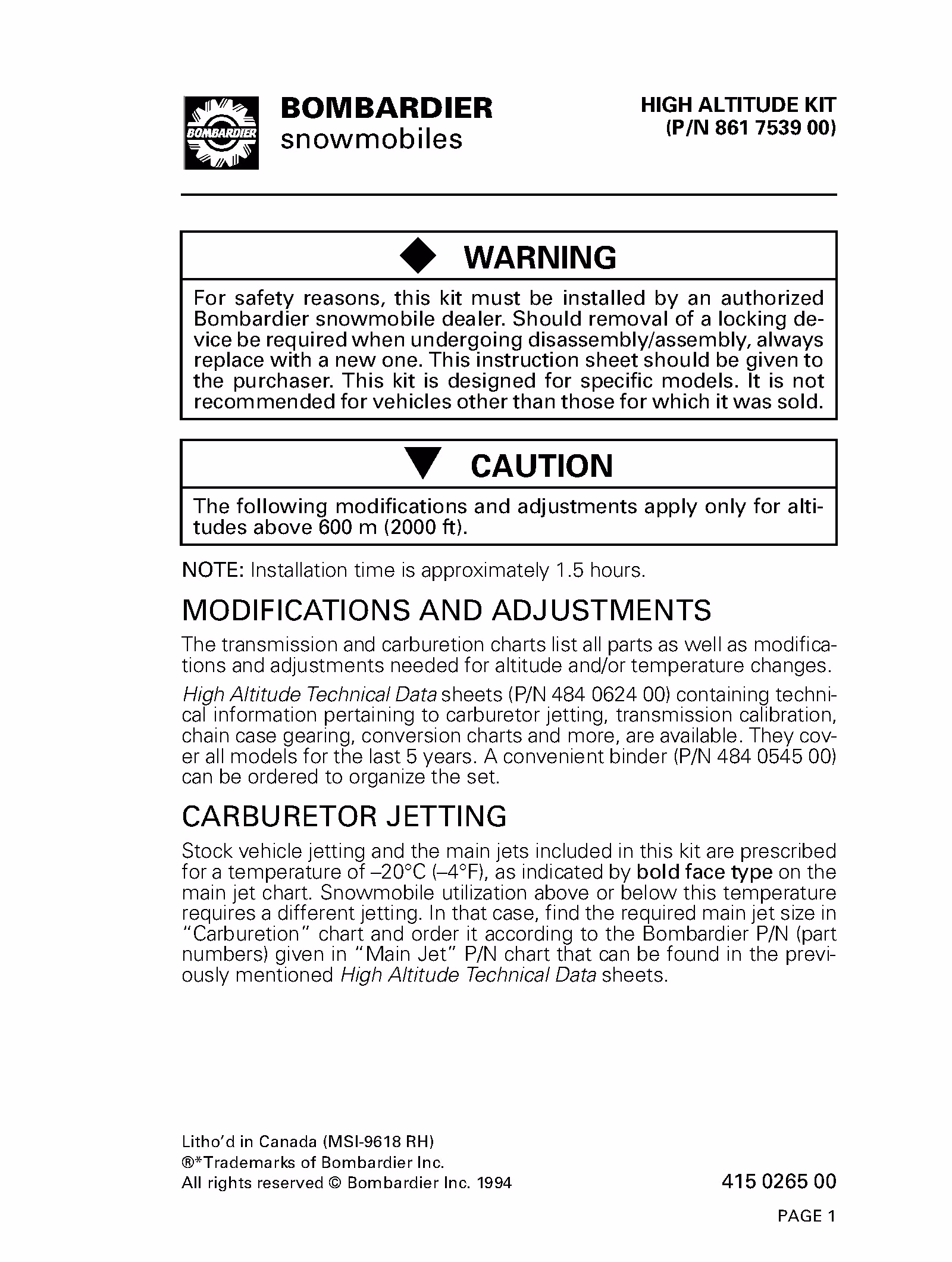 1996 Bombardier Ski-Doo Available Kits Snowmobiles Repair Service Manual