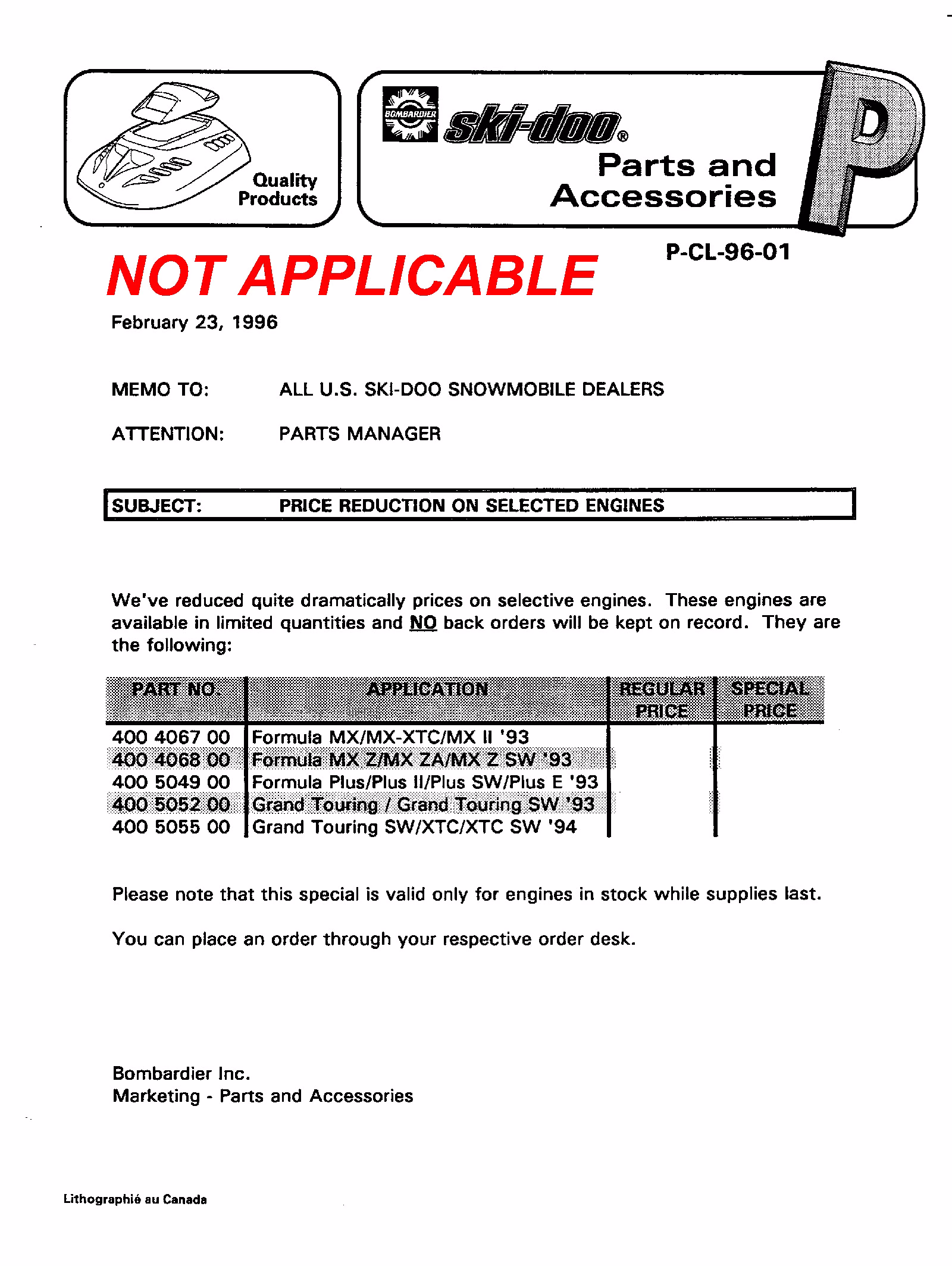 1996 Bombardier Ski-Doo Service Bulletins Snowmobiles Repair Service Manual